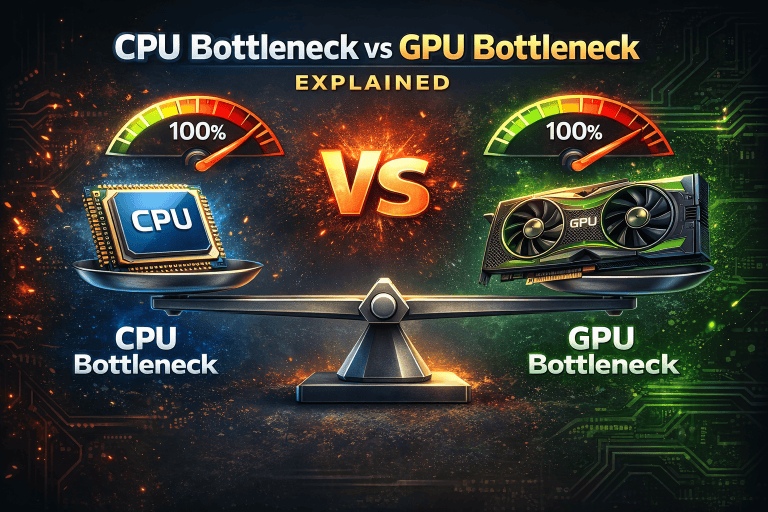 CPU bottleneck vs GPU bottleneck comparison showing processor and graphics card performance at 100 percent usage