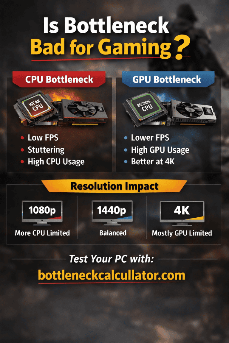 Is bottleneck bad for gaming infographic showing CPU vs GPU bottleneck and resolution impact at 1080p 1440p and 4K